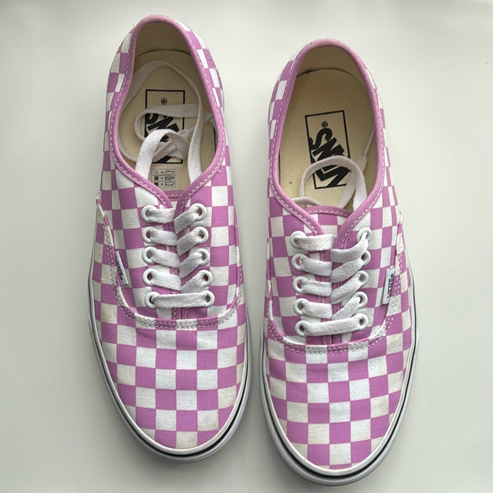 pink and white lace checkered vans